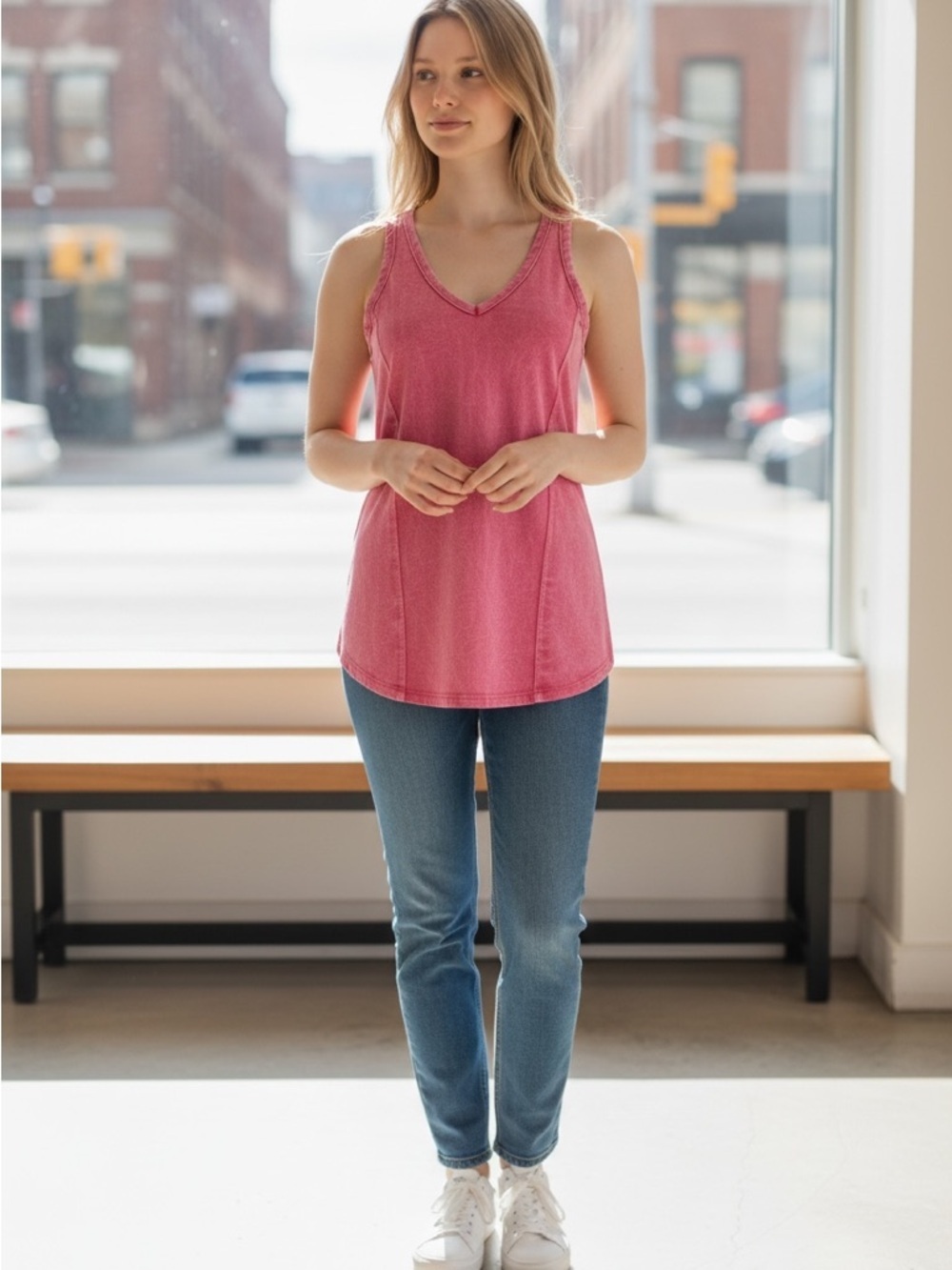 Zenana Outfitters Rose Pink V‑Neck Tank Top
